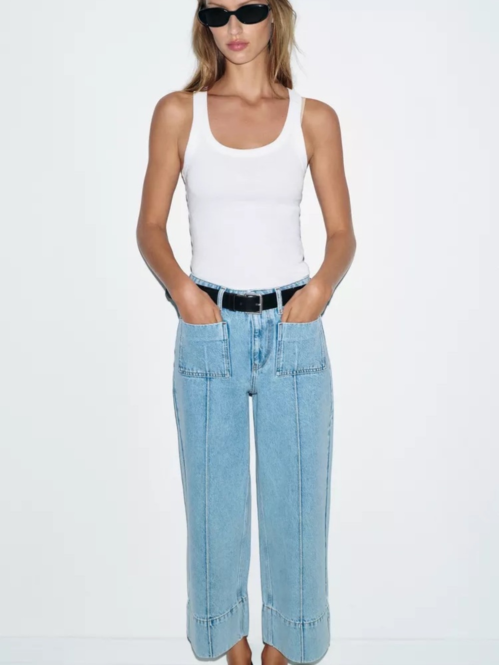 Zara Light Blue Wide-Leg Patch Pocket Jeans - NWT